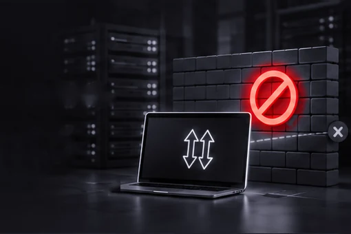 Laptop blocked by a firewall with a red no-entry sign