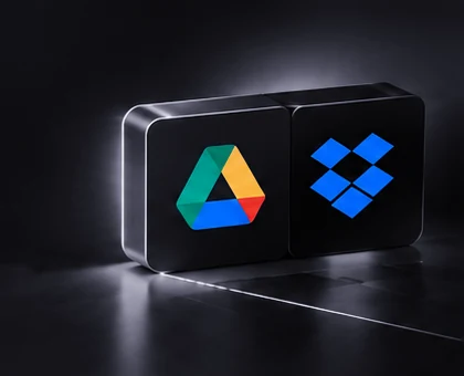 Google Drive and Dropbox logos on lit tiles